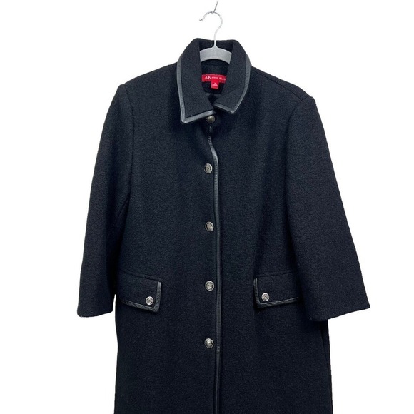 AK Anne Klein Wool Coat Jacket Women Leather Trim Lined 5 Button Pockets Black 8 - Picture 2 of 5